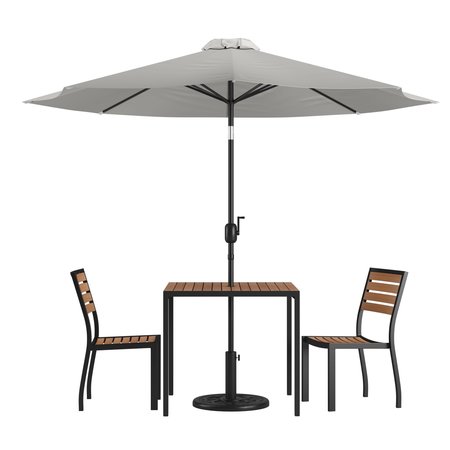 Flash Furniture Faux Teak 35" Table-Gray Umbrella-Base-2 Chairs XU-DG-810060362-UB19BGY-GG